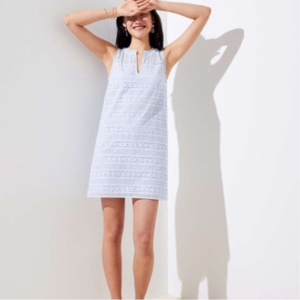LOFT Blue Eyelet Sleeveless Shift Dress 6